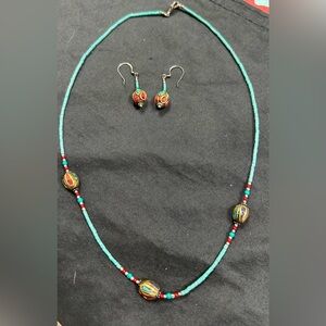 Turquoise and Red Beaded Necklace & Earring Set